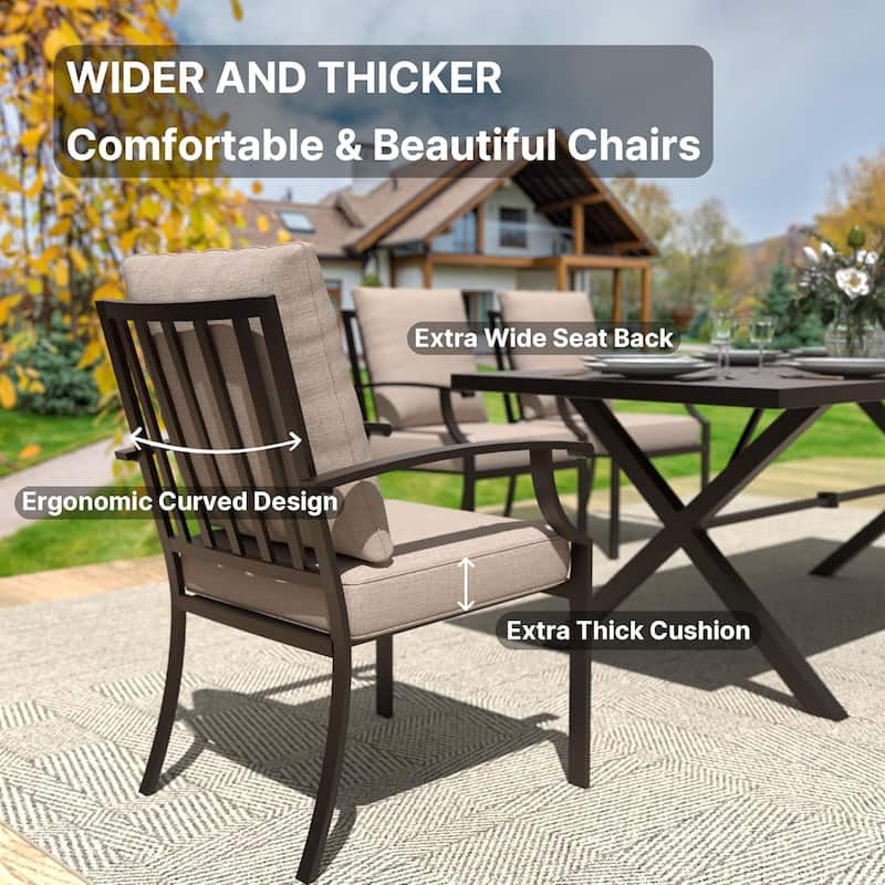 Kullavik 8 Pieces Outdoor Dining Set with 6 Single Chairs, X-Leg Table and Double-Sided Umbrella