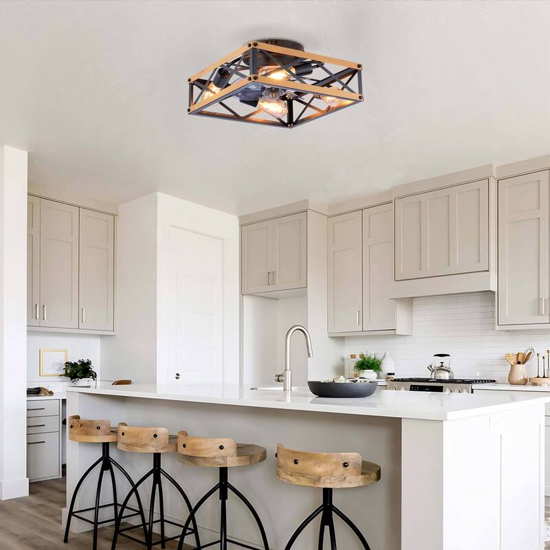 20 inch Flush Mount Ceiling Fan Light with Remote Caged Farmhouse Fandelier Black Wood Low Profile