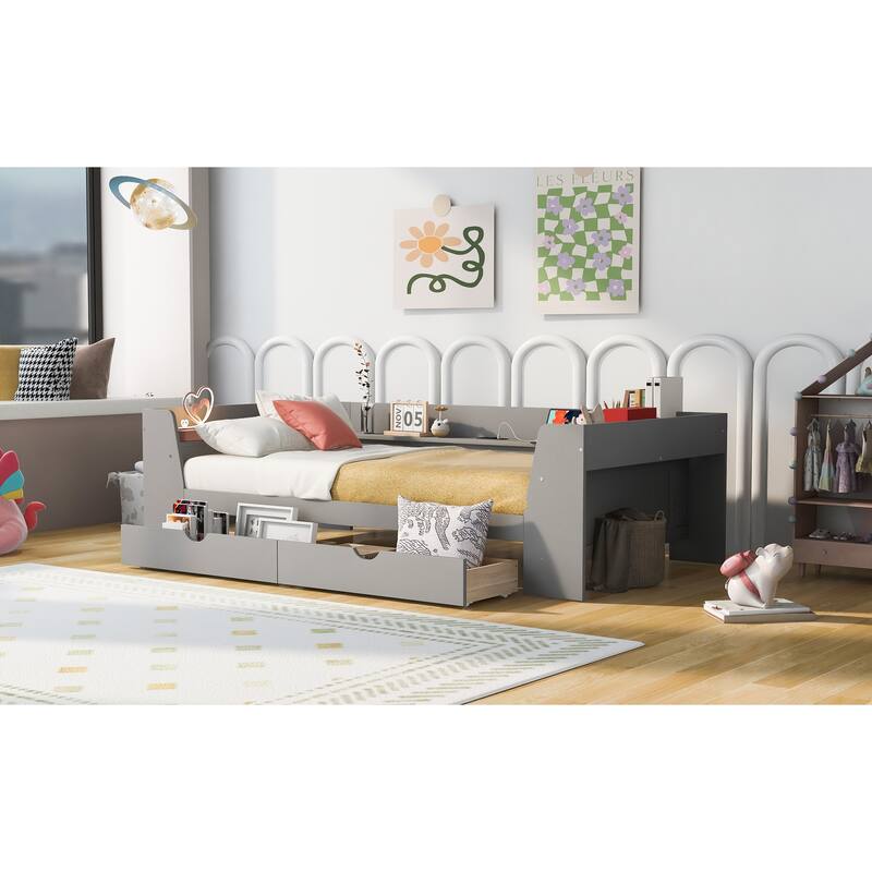 Twin Daybed with Storage Drawers, Shelves & USB Charging Ports, Modern Design