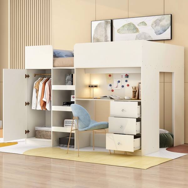 slide 2 of 9, Wood Full Size Loft Bed with Built-in Wardrobe, Desk, Shelves and Drawers Soft Beige