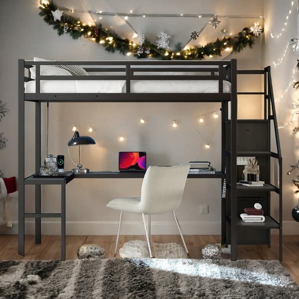 slide 2 of 7, Full Size Loft Bed with Desk, Wardrobe, and USB, Black