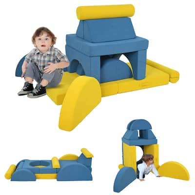 Qaba Kids Foam Climbing Blocks, 14 Pcs Climbing Toys for Toddlers, Indoor Climb and Crawl Soft Play Set, Yellow