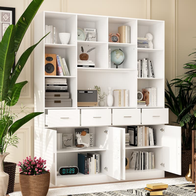 Bookshelf Bookcase with 4 Doors,4 Drawers & Storage Shelve,Black - 78.7"H