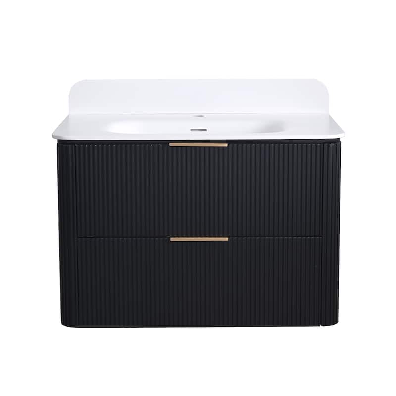 30" Floating Bathroom Vanity with Integrated countertop Rectangulare Sink Solid Wood - 30 inch - Brass Finish - Black Oak - 30 inch