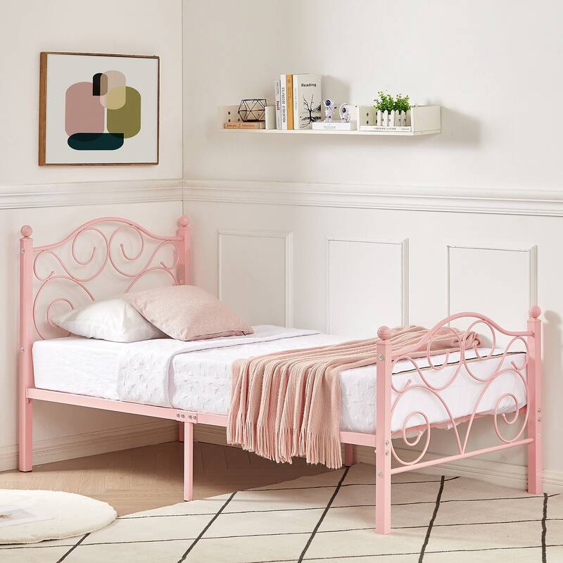 VECELO Metal Platform Bed Frame with Scroll Headboard, Twin/Full/Queen Size Beds