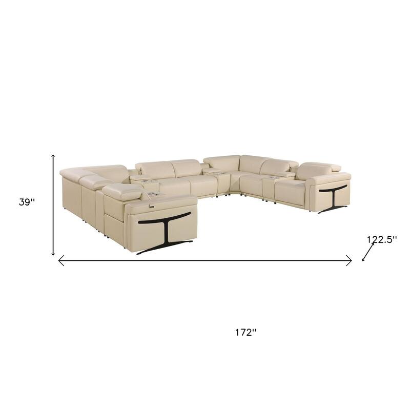 HomeRoots Beige Italian Leather Power Reclining U Shaped Twelve Piece Sectional With Console