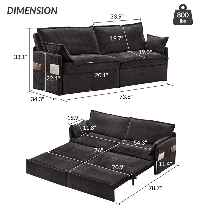 73.6" Corduroy 3-in-1 Convertible Sofa Bed with Pull-Out Sleeper, USB Charging Ports, and Side Storage