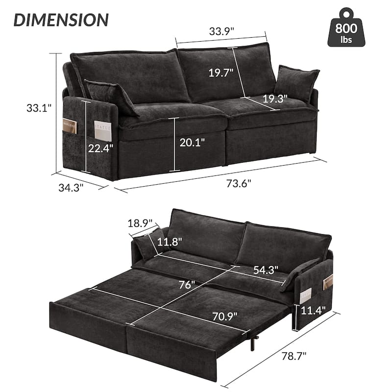 Convertible Sofa Bed, Sleeper Loveseat Pull Out Couch Bed, 3 in 1 Corduroy Couch with Side Pockets, USB/C-TYPE Ports