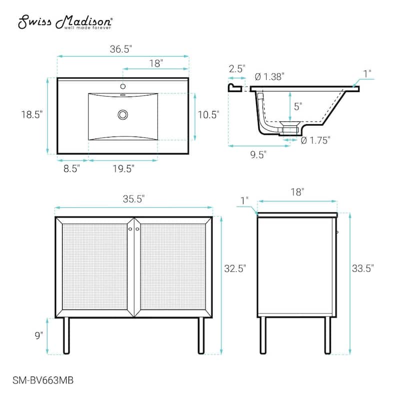 Swiss Madison SM-BV663MB Classe 37" Free Standing Single Basin Vanity