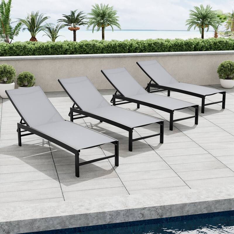 Outdoor Adjustable Aluminum Chaise Lounge Chairs for Patio Pool Terrace - See Picture - Light Grey Fabric, Black Frame - 4PC
