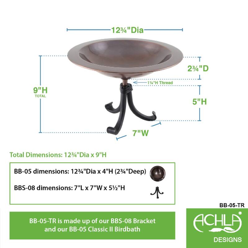 Achla Designs Classic II Birdbath w/Tripod Stand, 12.75 Inch Diameter, Antique Copper