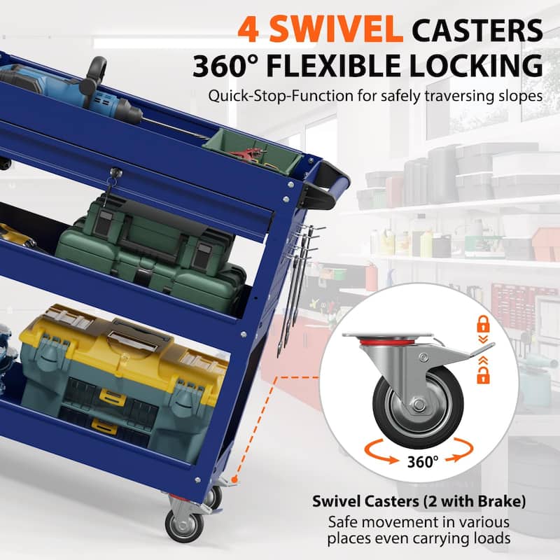 3-Tier Rolling Tool Cart on Wheels for Mechanics with Utility Drawer
