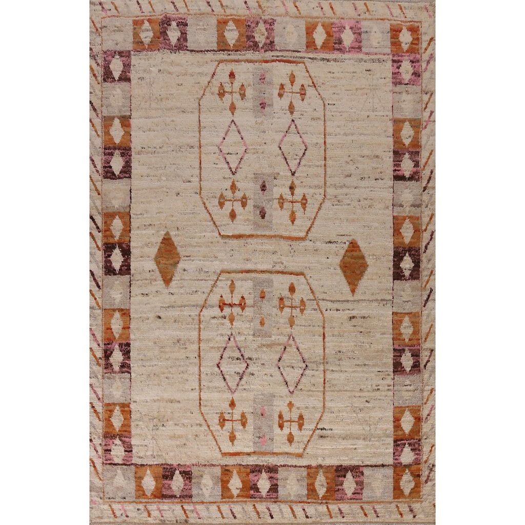 Geometric Beige Moroccan Oriental Area Rug Handmade Tribal Wool Carpet - 6'11" x 9'9"