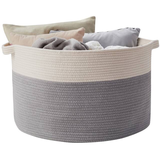 Cotton Rope Storage Basket Bin with Handles - Baby Nursery Laundry Basket Hamper, Toy Storage Basket - 21 x 21 x 14 - Grey