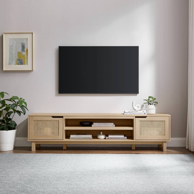 70" Coastal TV Stand for 80-Inch TVs, Featuring Faux Rattan Doors, Open Shelves & Cord Management