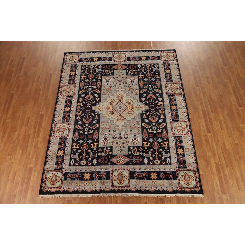 Hand Knotted Oriental 100% Wool Carpet Traditional Tribal Navy Blue & Blues Heriz (serapi) Area Rug - 9' 10'' X 8' 0''