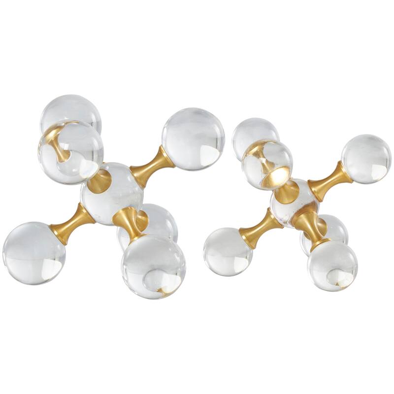 Clear Crystal Orb Inspired Jack Decorative Sculpture with Gold Metal Accents (Set of 2)