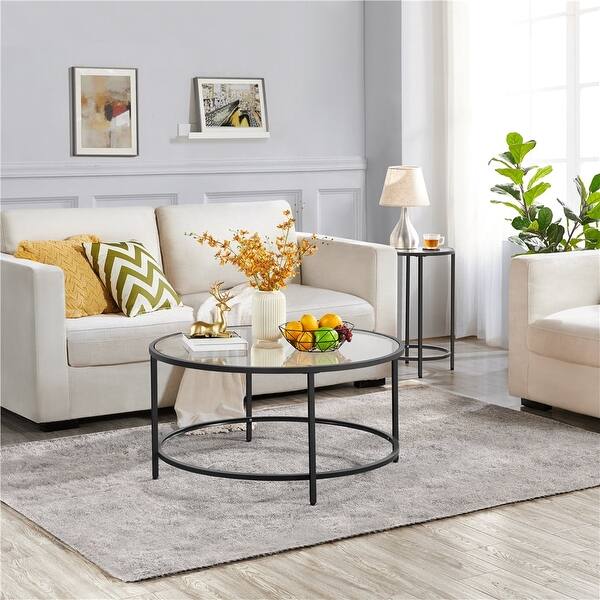 36-inch Round Black Glass Coffee Table with Metal Frame for Living Room ...