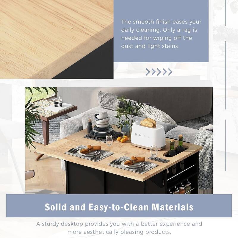 47" Modern Kitchen Cart with Electrical Outlet, Rubberwood Kitchen Island with Drop Leaf and Adjustable Storage Cabinet