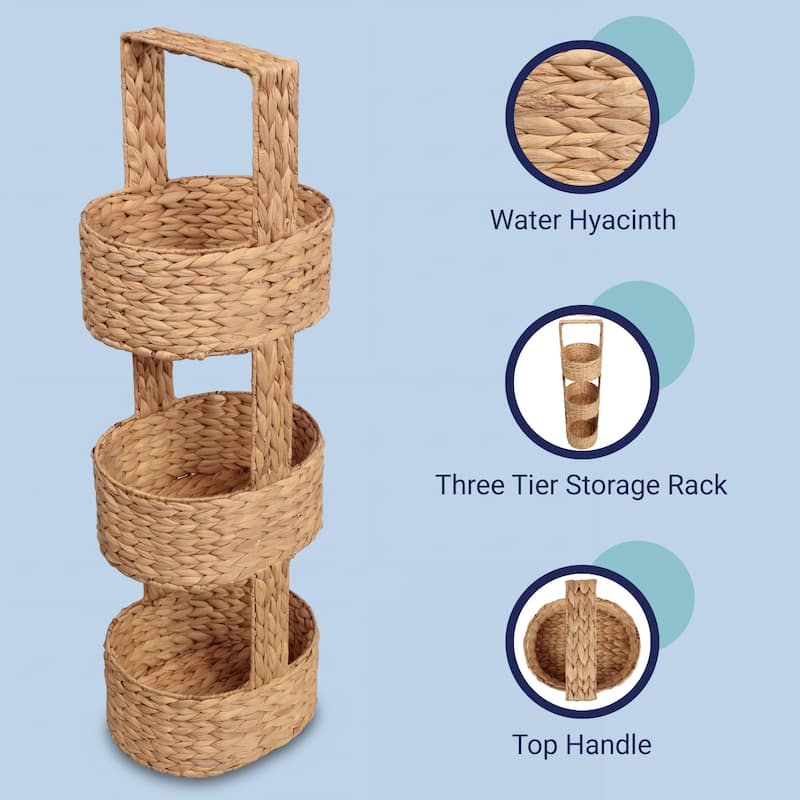 Riverbend 35.5 in. H Coastal Handwoven Water Hyacinth 3-Tier Round Basket Freestanding Storage Tower Stand with Top Handle