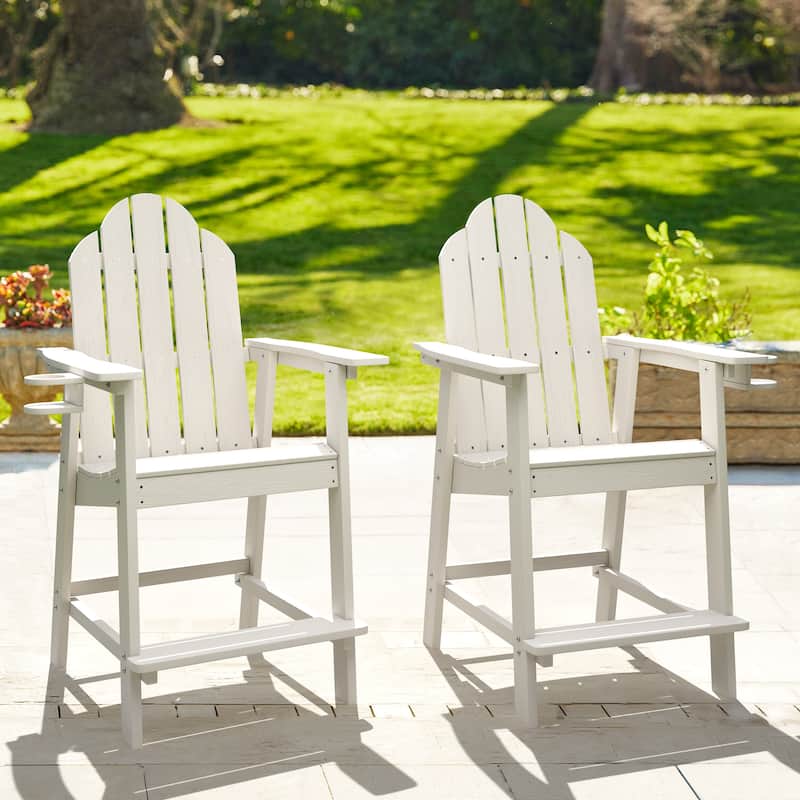 LUE BONA Outdoor Adirondack Chairs with Cup Holder Bar Height Adirondack Bar Stool with Arms for Patio, Garden, Deck (Set of 2) - White