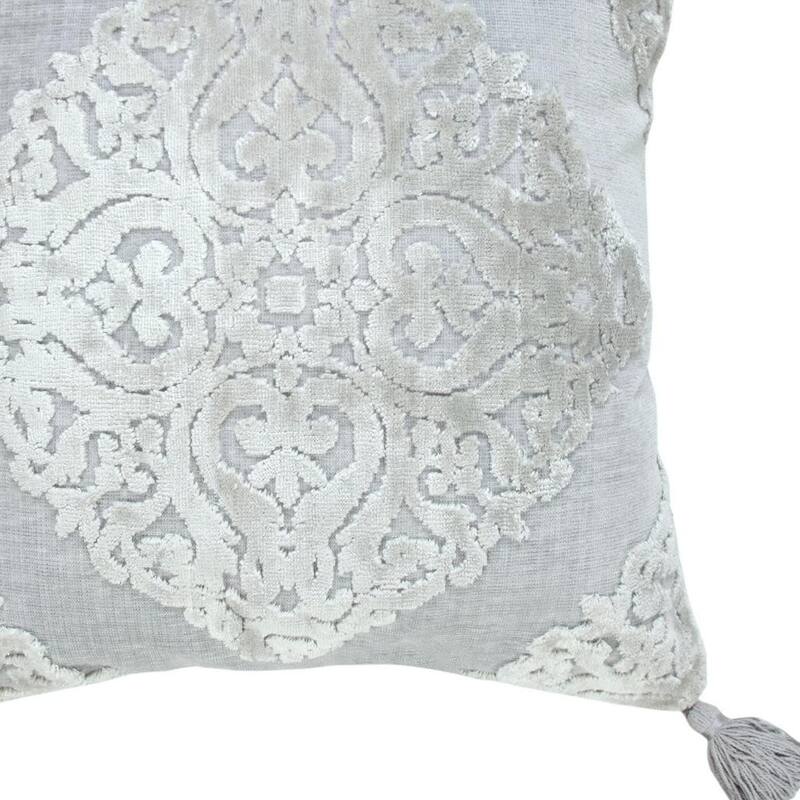 18" Silver And Gray Medallion Viscose Throw Pillow Cover with Tassels