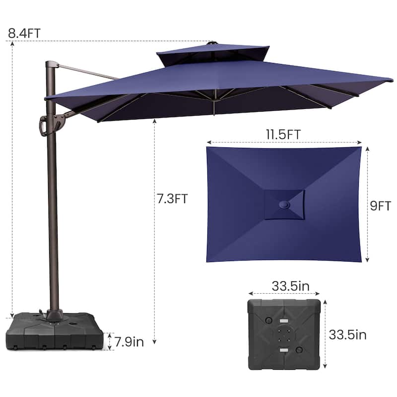 Outdoor 9 x 11.5 FT Dual Top Patio Cantilever Umbrella with Base