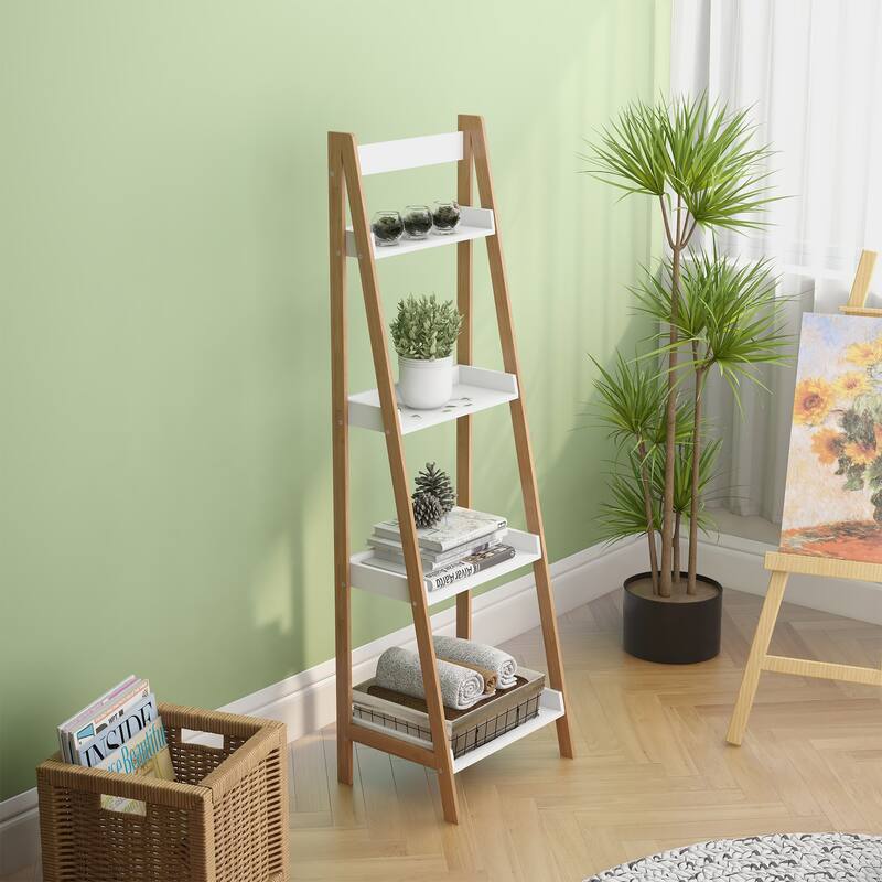 4-Tier Solid bamboo Wood "A" Frame Ladder Display Bookshelf
