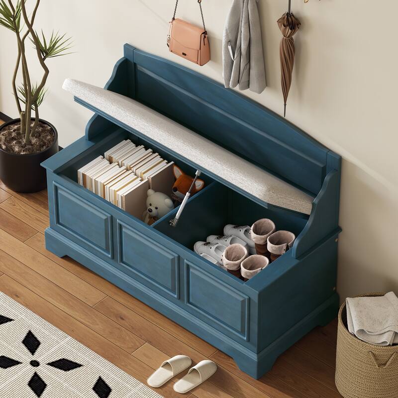 41.7" Retro Shoe Storage Bench with Safe Soft-Close Devices and Cushion - Dark Blue