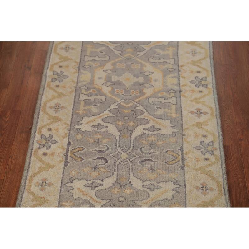 Gray Oushak Indian Runner Rug Hand-Knotted Transitional Wool Carpet - 2'8"x 9'10"