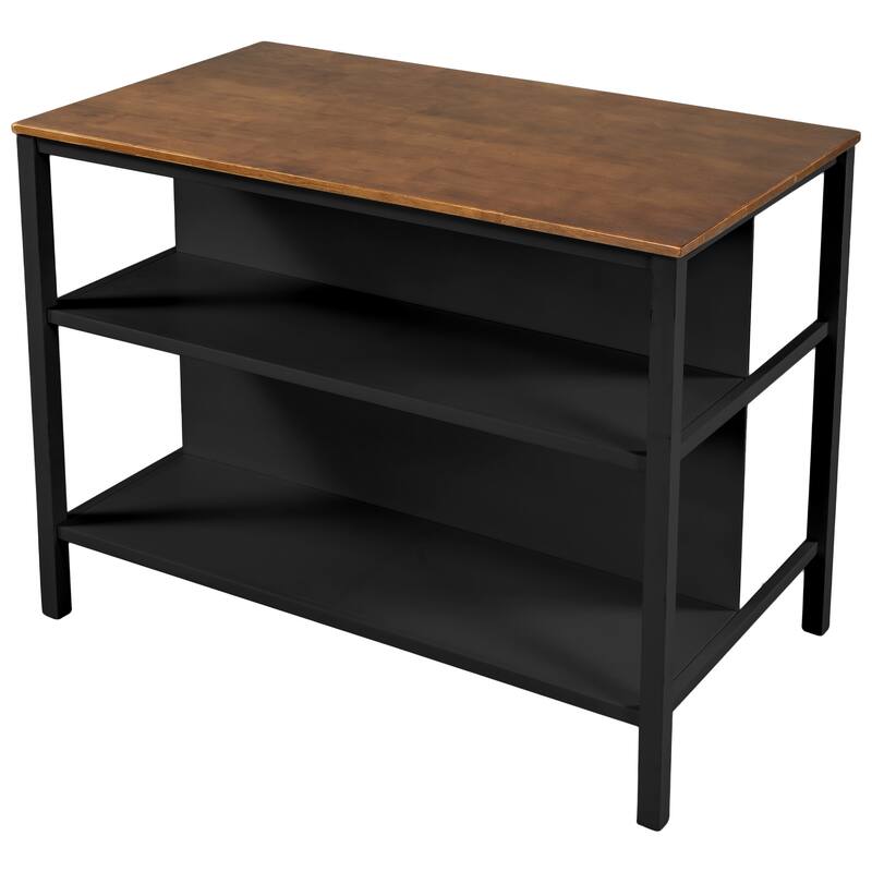 3-Piece Farmhouse Style Kitchen Island Set with Spacious Tabletop, Storage Shelves, and Two Comfortable Stools