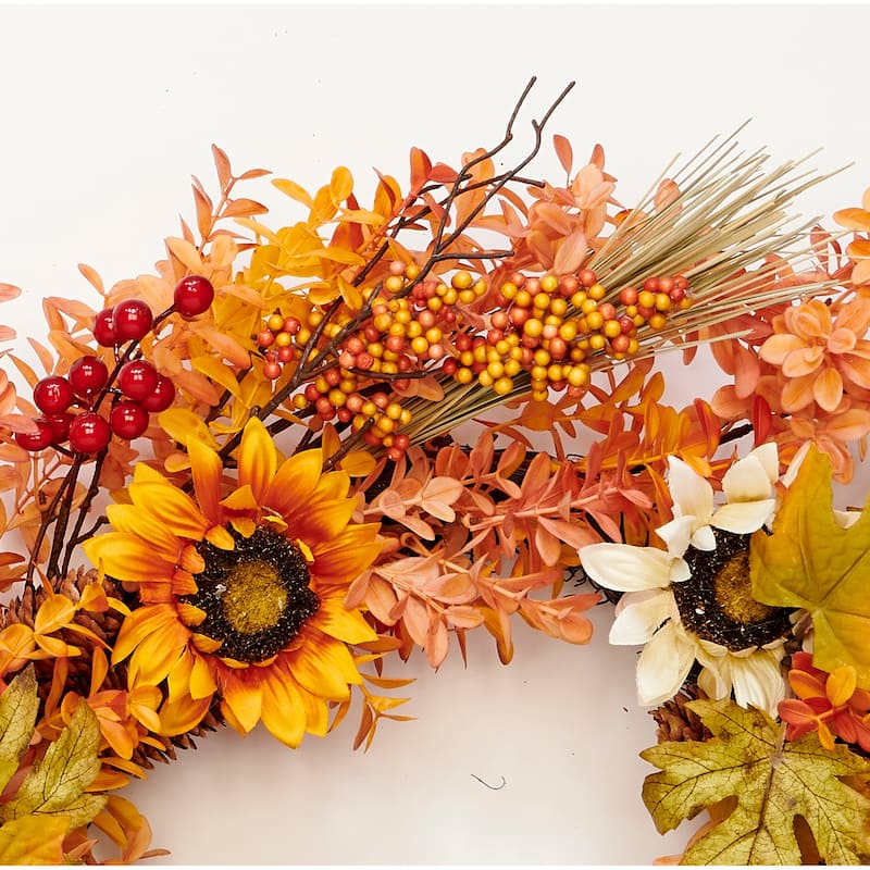 21" Artificial Fall Berries Sunflower Grass and Leaves Wreath on Natural Twig Base - 21