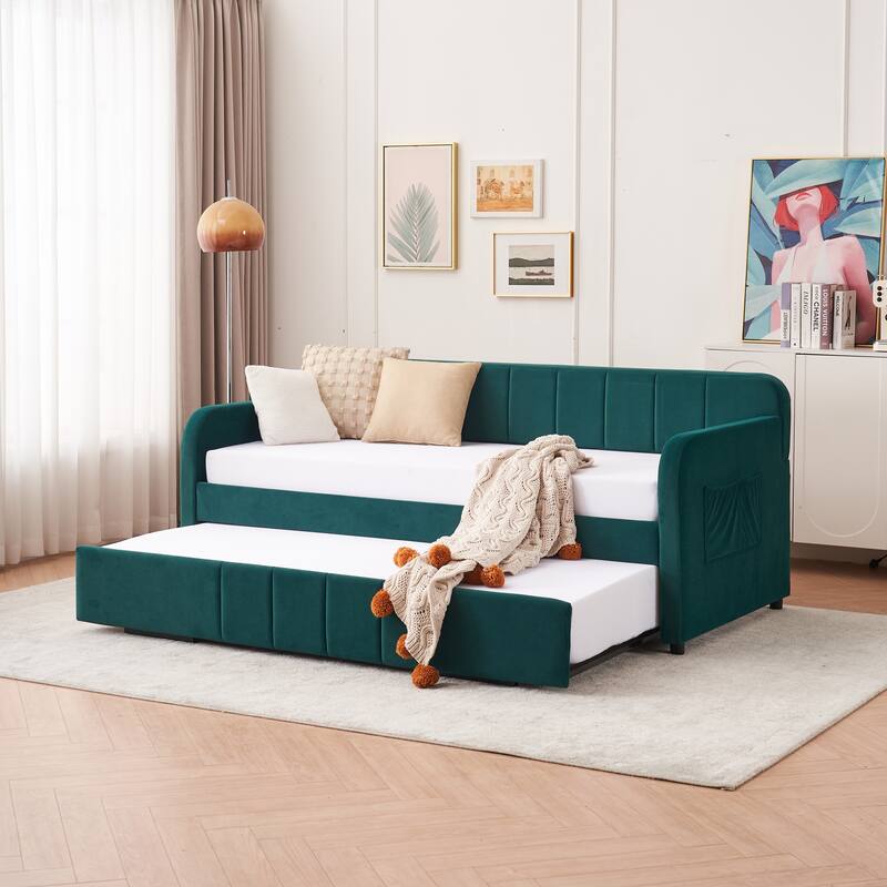 Twin Size Velvet Upholstered Daybed, Wood Sofa Bed Frame Daybed Couch with Trundle Bed and Wood Slat