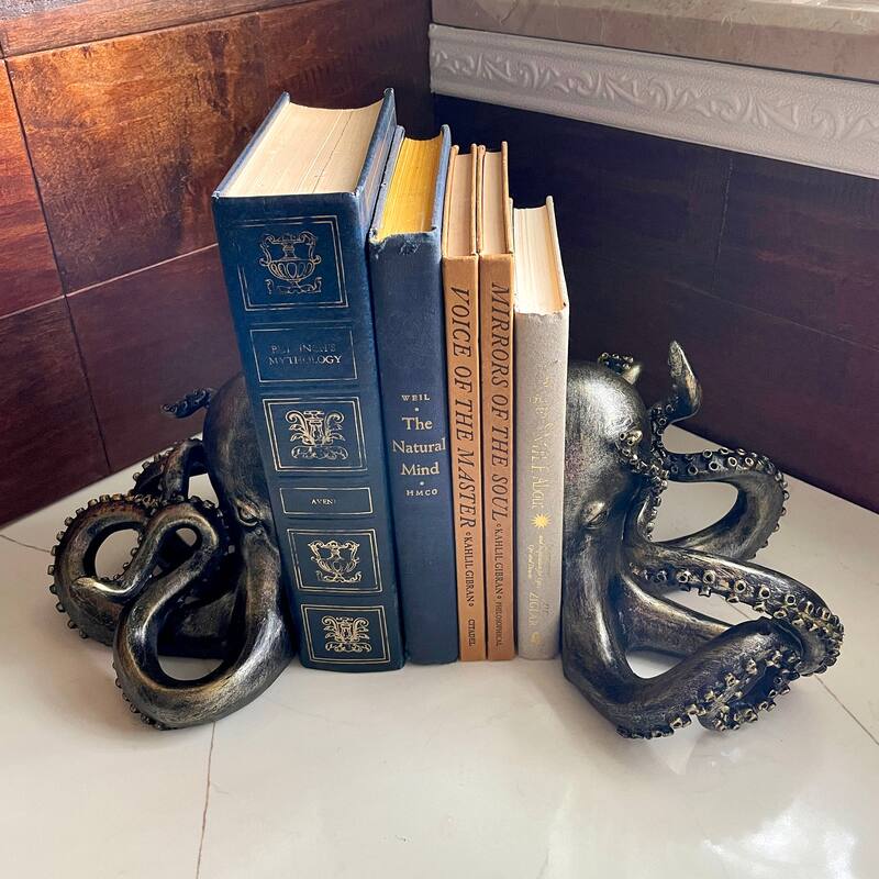 Bronze Octopus Bookends Set Of 2 Nautical Polyresin Coastal Shelf - 5 X 10 X 8 inches