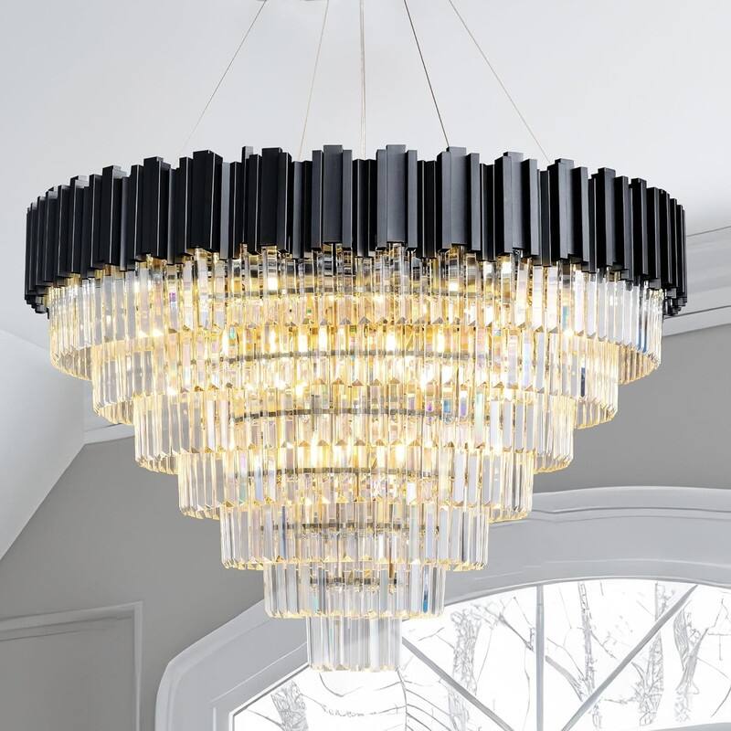 KAYLA Large Crystal Chandelier - 35.4"Modern 6-Tier 17-Light Chrome Ceiling Light, Luxury K9 Crystal - 39in - Black