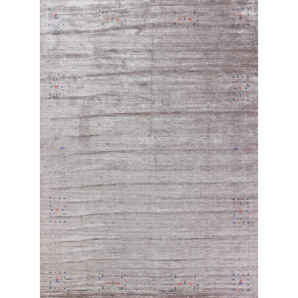 Hand Knotted Oriental Viscose Silk Carpet Tribal Stripe Greys & Charcoal Gabbeh Area Rug - 12' 0'' X 9' 2''