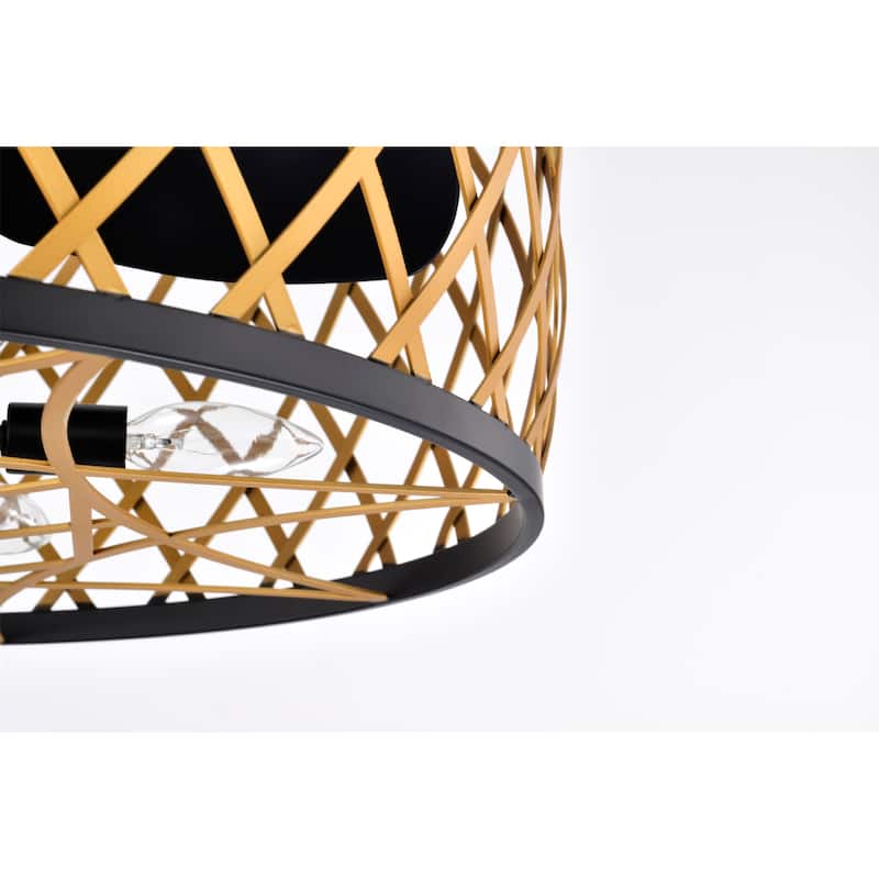 25 Inch Matte Black and Gold cage Finish Ceiling Lighted Fandelire with Remote
