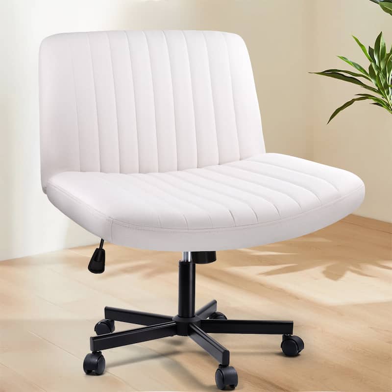 Bossin Criss Cross Chair Armless Office Desk Chair with Wheels,Fabric Padded Cross Legged Chair, Swivel Wide Seat Vanity Chair - White