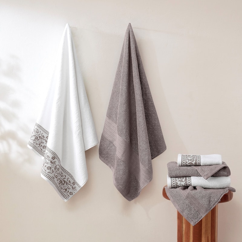 Modern Threads 6-Piece Jacquard Border Towel Set Allie - 100% Cotton, Bath, Hand & Washcloths - Elegant Floral Border