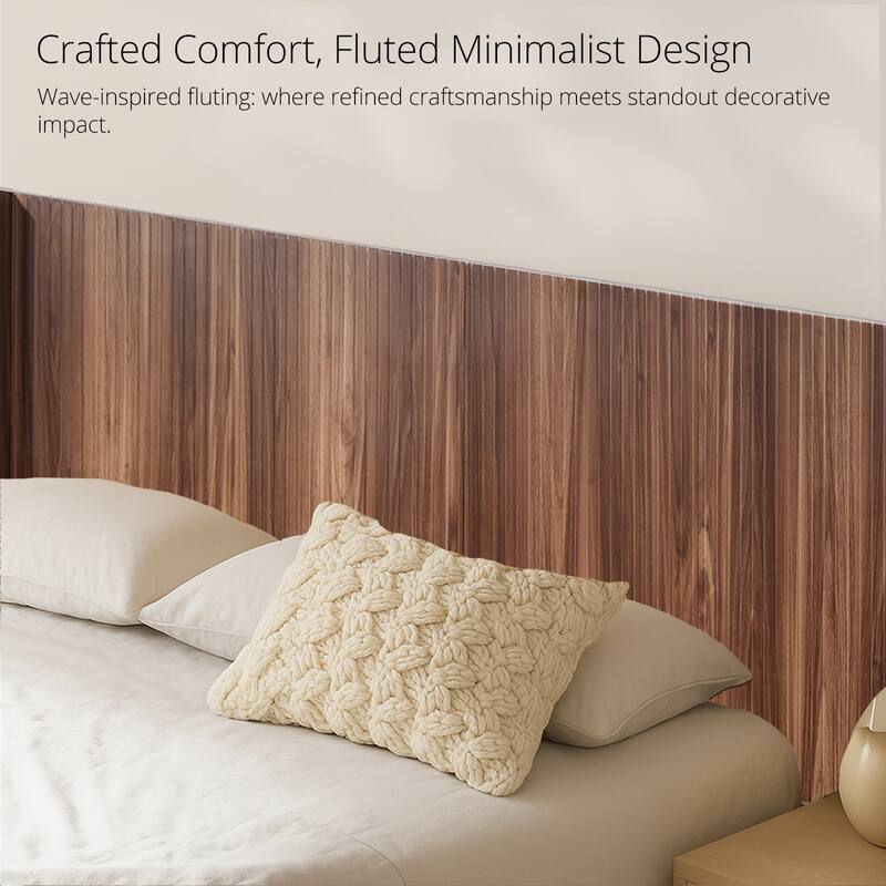 Modern Farmhouse Queen Wood Headboard, Walnut Finish, Wall Mounted with 3D Carving Design