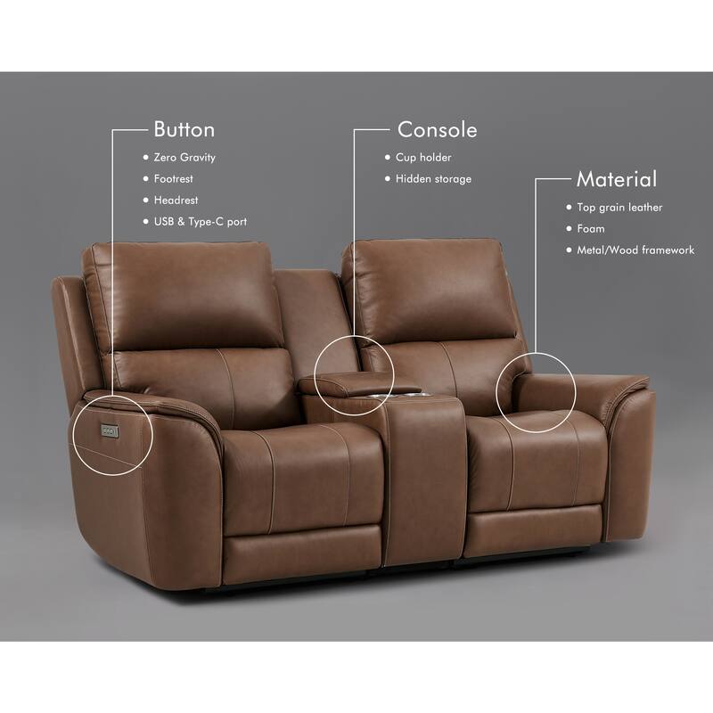 77''W Premium Genuine Leather Triple-Power Double Width loveseat with Zero Gravity, USB & Type-C Ports