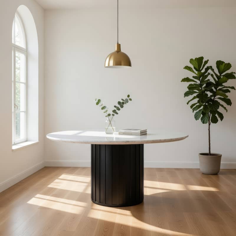 Jerry 54 Inch Dining Table, Round Faux Marble Top, Black Pedestal Base