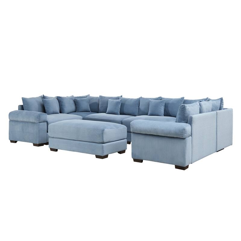 GDFStudio - Corduroy U-Shaped 6-Seater 137.7" Cloud Modular Sectional Couch with Ottoman