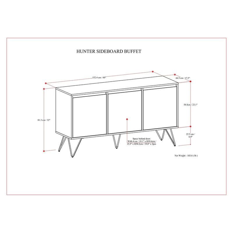 WYNDENHALL Moreno SOLID MANGO WOOD and Iron 60 x 18 inch Rectangle Contemporary 3 Door Sideboard Buffet - 60 inch Wide