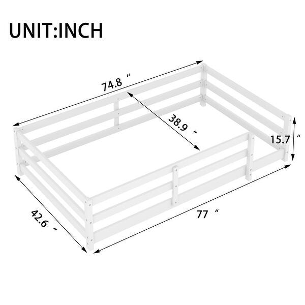dimension image slide 3 of 6, Full Size Montessori Floor Bed with Safety Fence, Solid Pine Wood Frame, Kids Low-Profile Bed for Boys and Girls, Easy Assembly