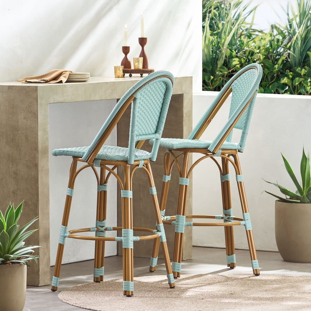 Shelton Wicker and Aluminum Outdoor 29.5 Inch Barstools by Christopher Knight Home -Set of 2