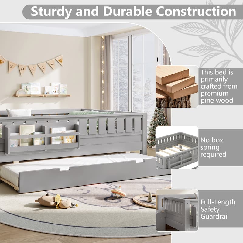 Roomfitters Floor Bed with Bookshelf and Trundle, Low Profile Frame with Step Entry