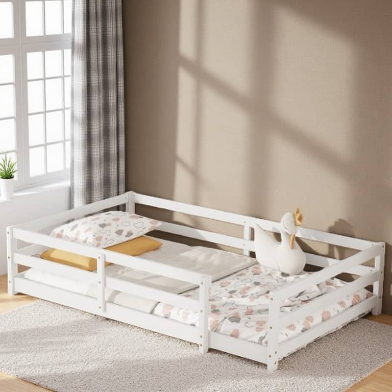 Full Size Montessori Floor Bed with Safety Fence, Solid Pine Wood Frame, Kids Low-Profile Bed for Boys and Girls, Easy Assembly - Twin White - Twin
