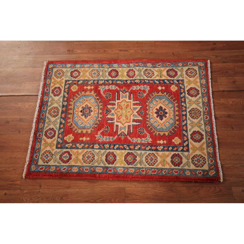 Geometric Red Kazak Oriental Foyer Rug Handmade Wool Carpet - 2'0" x 3'0"