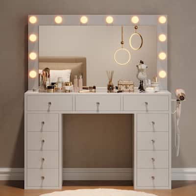 White Vanity with LED Mirror, 11 Drawers, Glass Top & Charging Station